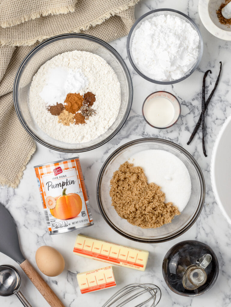Ingredients. Flour, baking powder, baking soda, salt, chai spice, unsalted butter, granulated sugar, brown sugar, pumpkin puree, egg, vanilla extract, powdered sugar, heavy whipping cream, and vanilla bean.