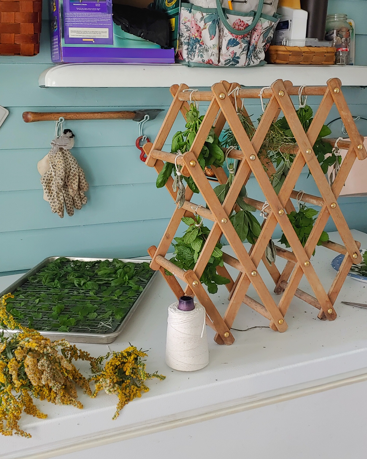 Herbs tied up in bundles and hanging on a wood rack. There are more herbs on a cooling rack and other larger bundles tied up and on the side.