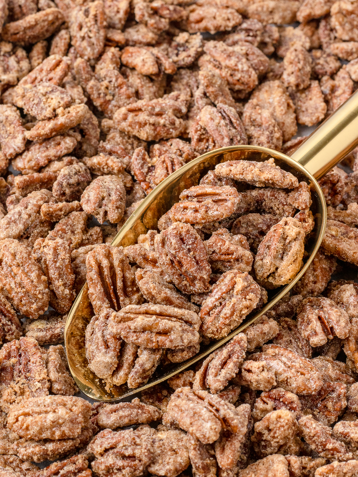 Candied pecans with a gold scoop in them ready for serving.