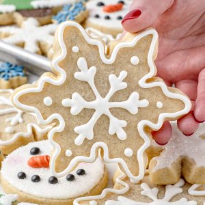 Hand holding a Vanilla Sugar Cookie that is lightly iced. You can see the flecks of vanilla bean on the cookie.