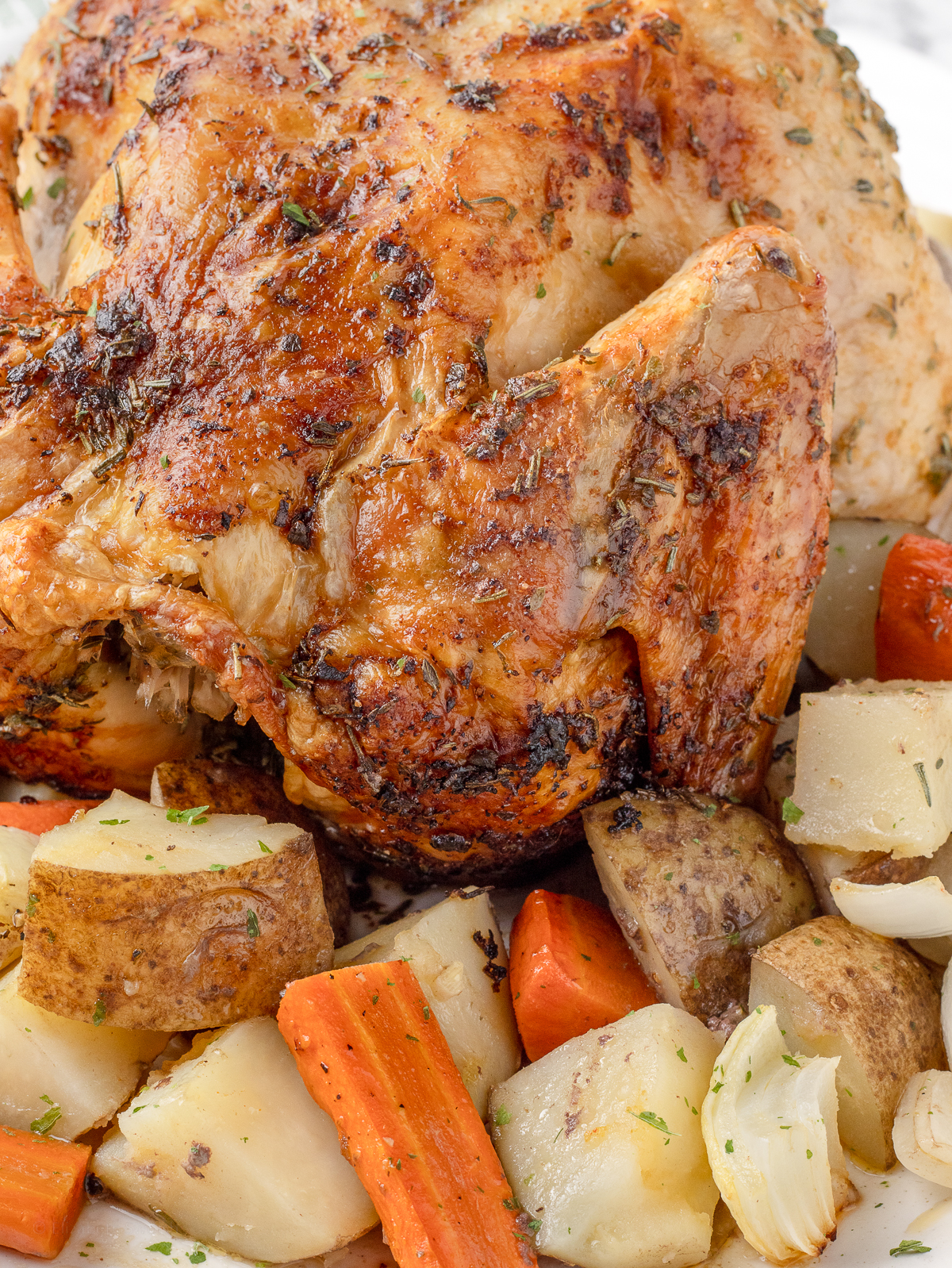 Herb Roasted Chicken with potatoes, carrots, onions, and sprinkles of herbs like rosemary, thyme, and parsley.