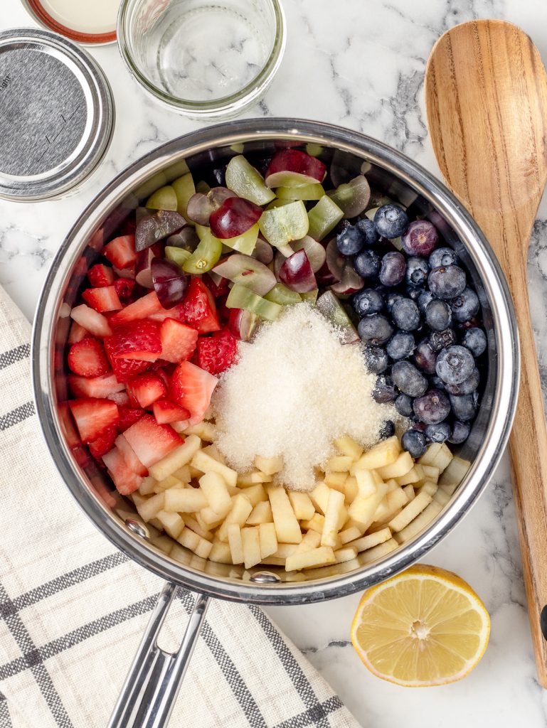 Pot filled with cane sugar, lemon juice, salt, and chopped apples, red grapes, green grapes, strawberries, and blueberries. It's ready to be put on the stove to cook down.