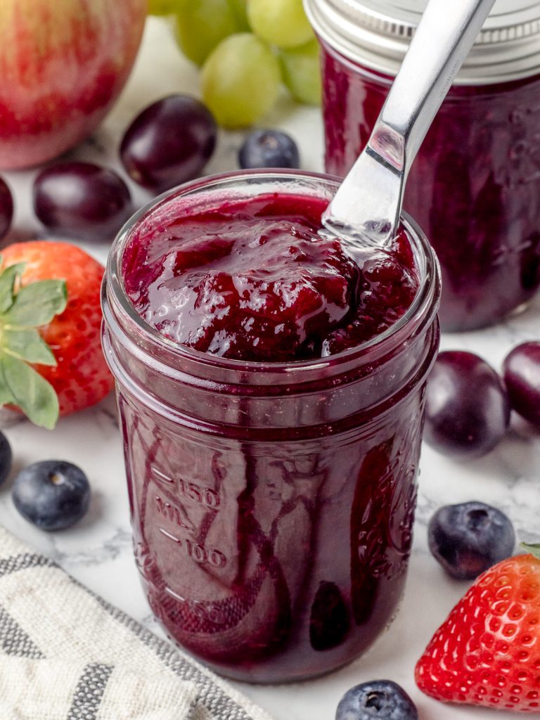 Close up of the jam to see it's thick and glossy texture.