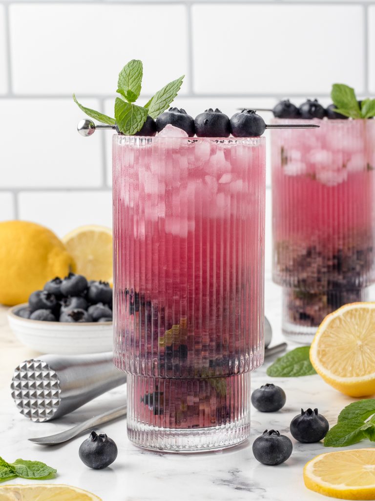 2 Blueberry Mocktails garnished with fresh blueberries and mint. There's fresh lemons, more blueberries and mint, plus a muddler and stirrer on the side.