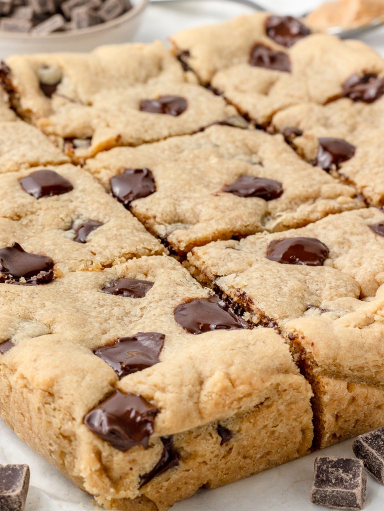 Peanut Butter Chocolate Chunk Bars ready to grab and eat.