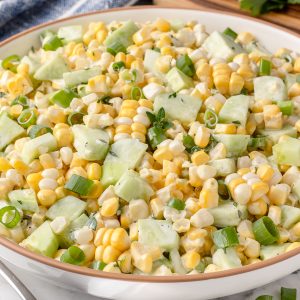 A big bowl of Cucumber Corn Salad.